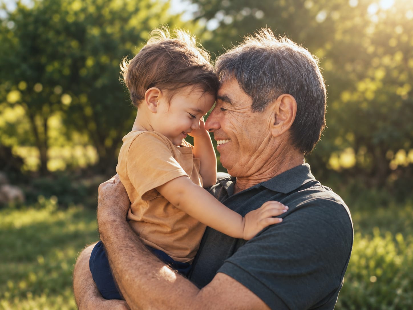 A smiling older man holds a toddler close, their foreheads touching, outdoors in warm evening light.
