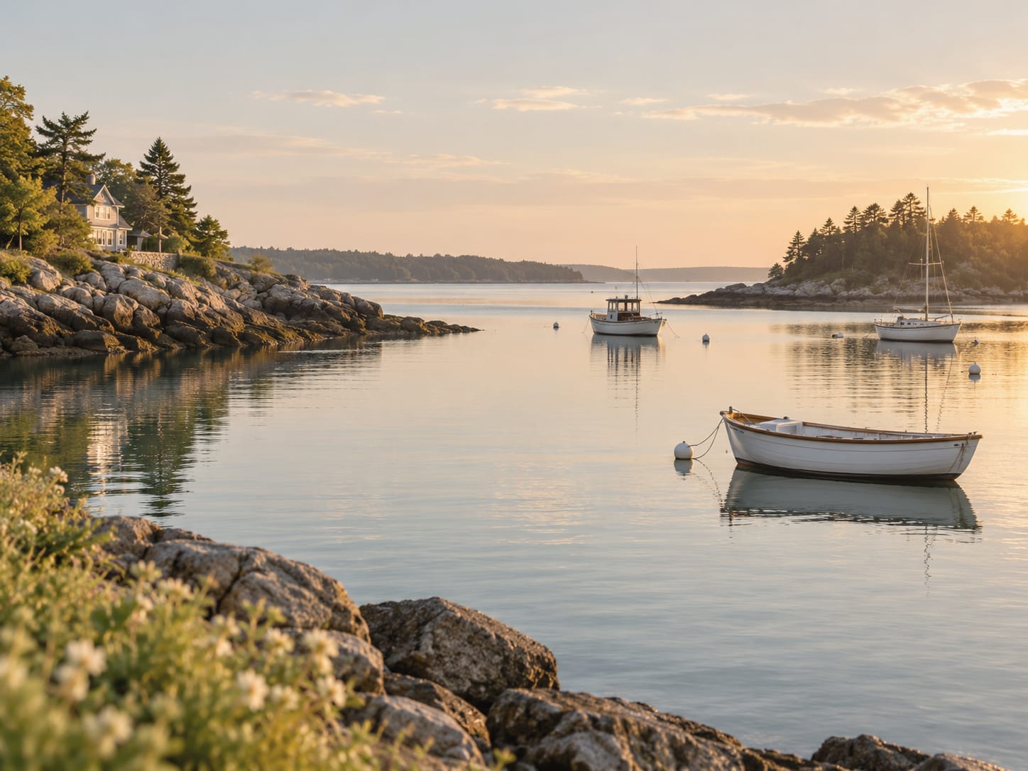 A calm harbor at sunrise. Small boats sit moored in still water, and a house looks out from the point.