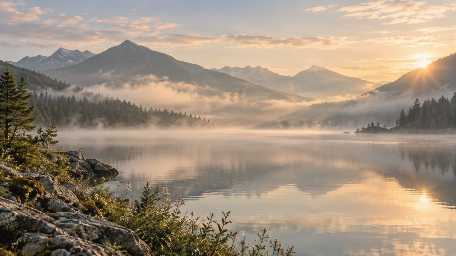 Fog lying on still water at sunrise, with wooded slopes and mountains behind it.