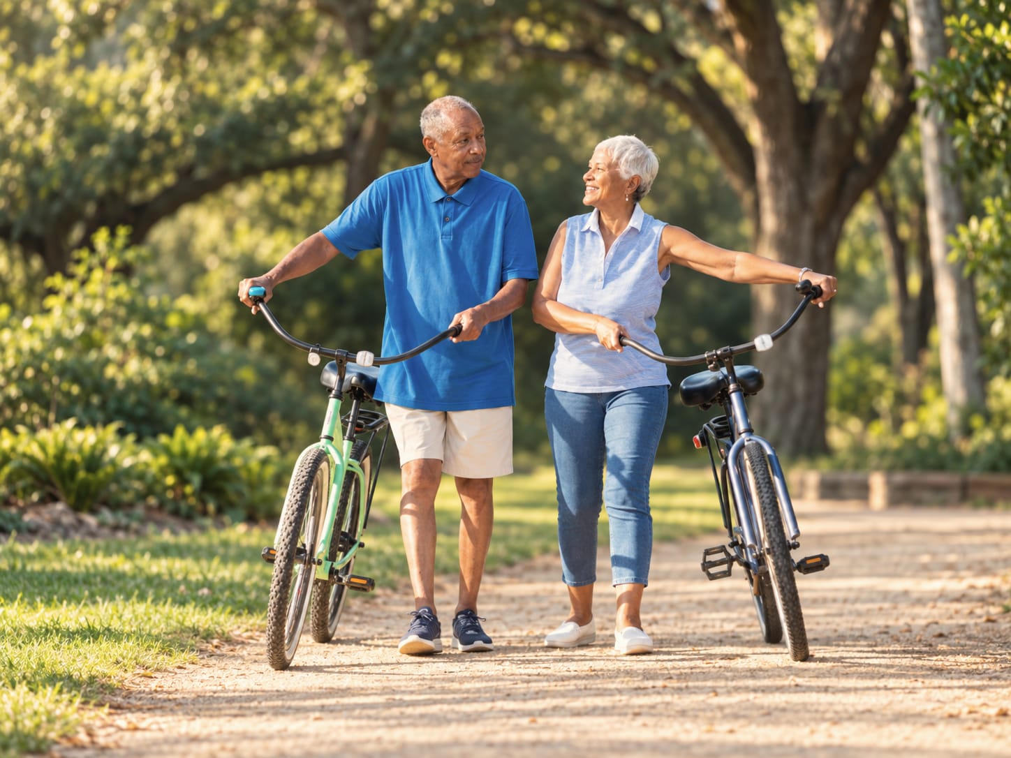 A couple walking their bicycles along a sandy path under trees, smiling at each other.