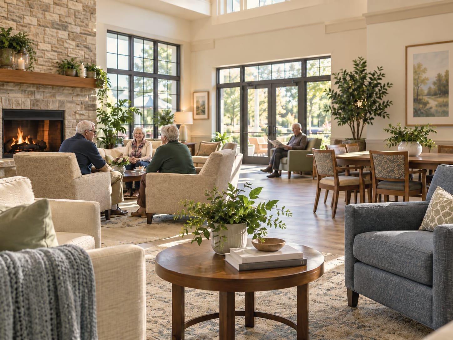 A bright common room with a stone fireplace, where three people talk in armchairs and a man reads by the glass doors.