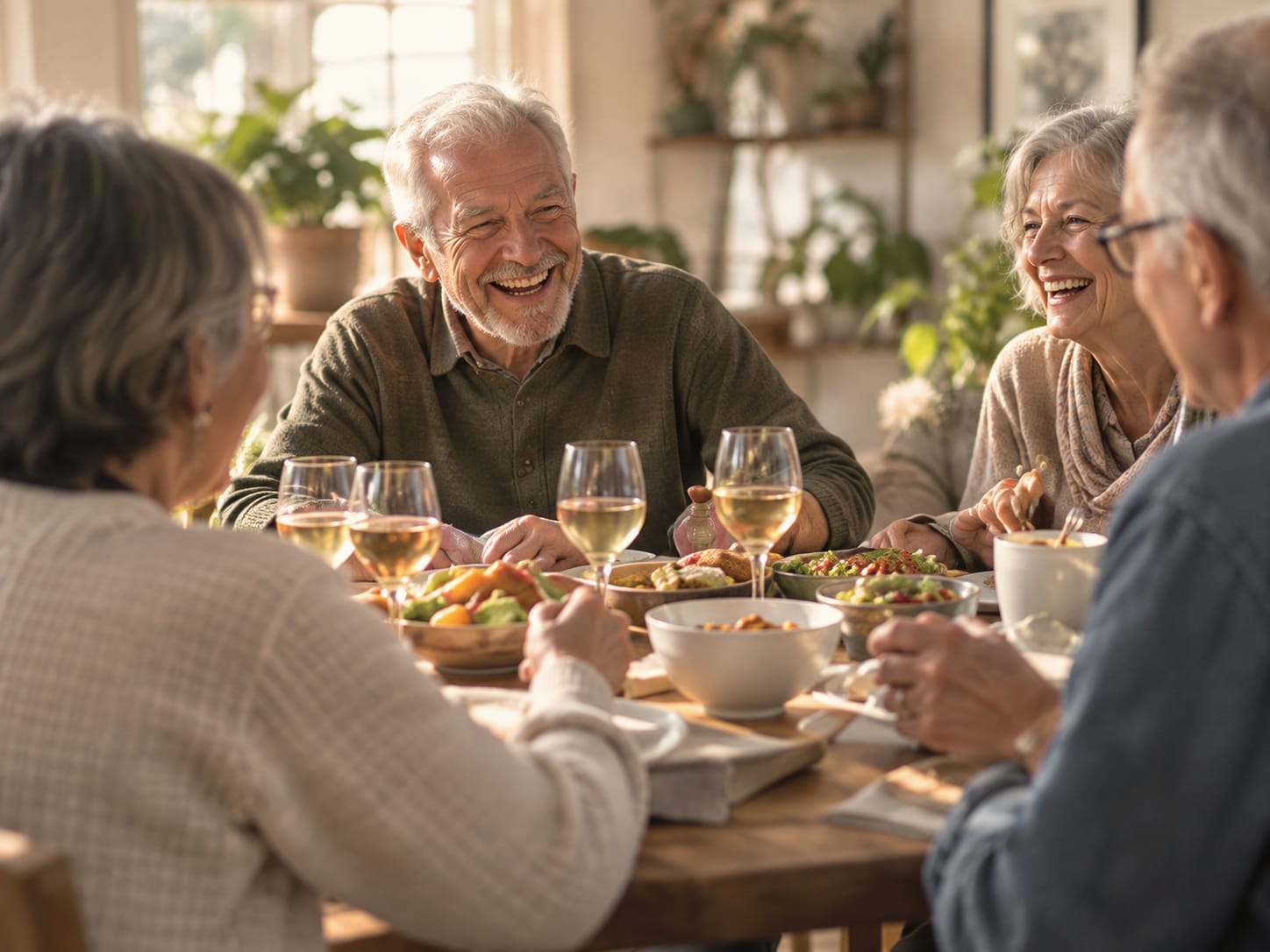 Four people laughing around a dinner table with wine glasses and bowls of food.