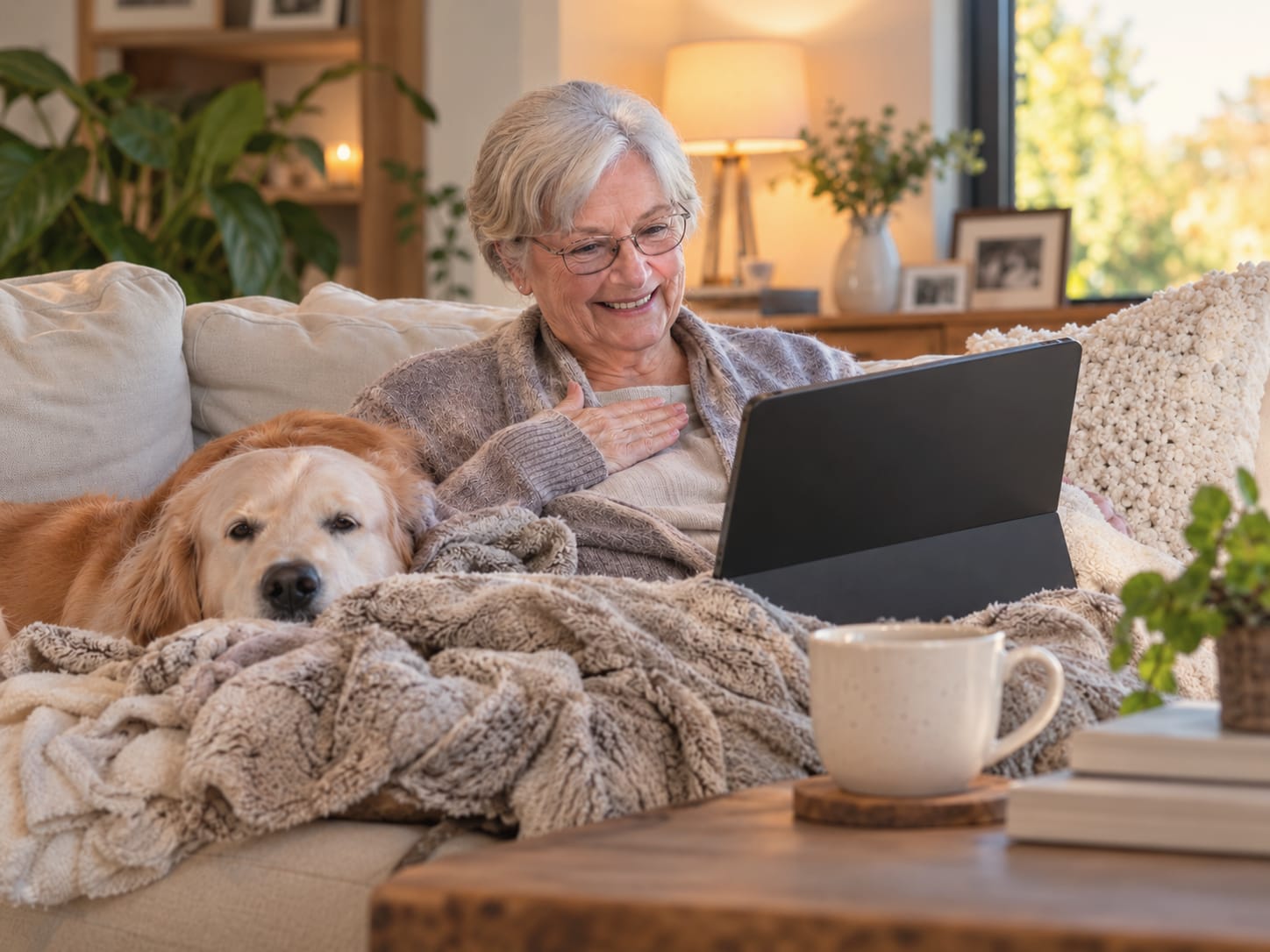 A woman with gray hair and glasses laughs at a tablet on the sofa, under a blanket, with a golden retriever resting beside her.