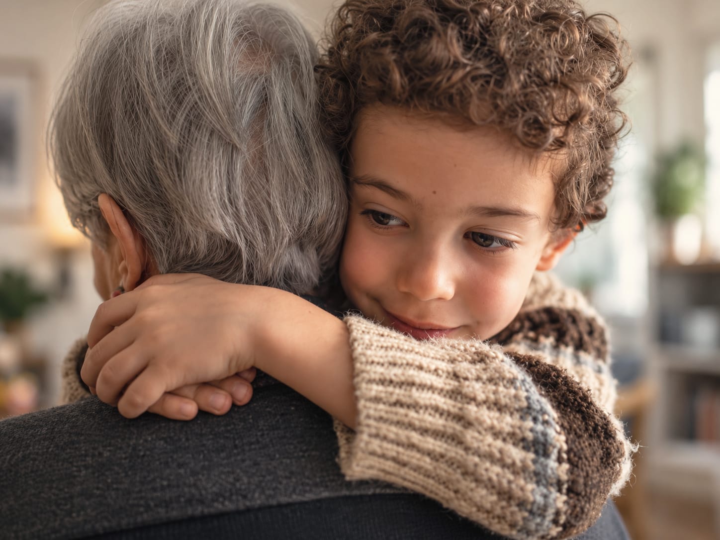 A child hugs an older person from behind, cheek against their shoulder, arms around their neck.