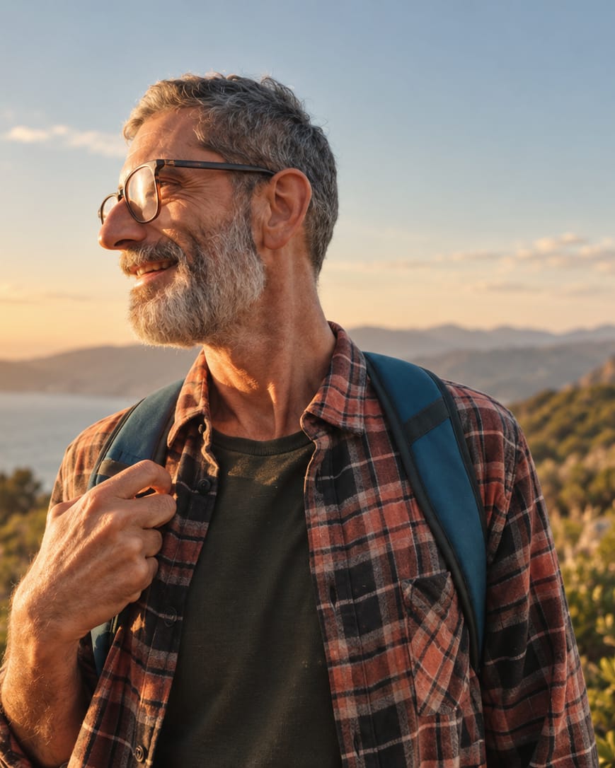A man with a grey beard, glasses and a backpack looks out over the sea from a coastal hillside at sunset.