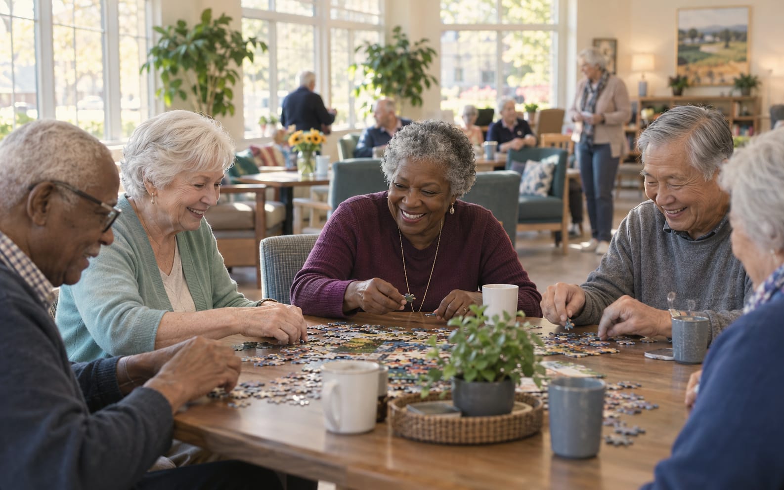 Five older adults laugh as they work a jigsaw puzzle together at a wooden table in a bright common room, mugs and a small plant beside them.