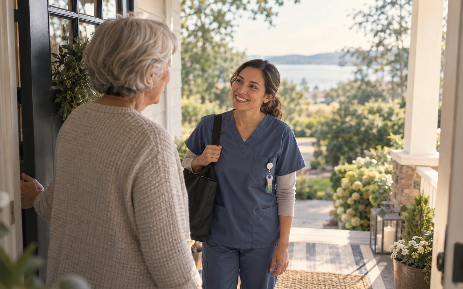 A smiling clinician in blue scrubs with a black shoulder bag greets a grey-haired woman at her front door, a porch and water behind.