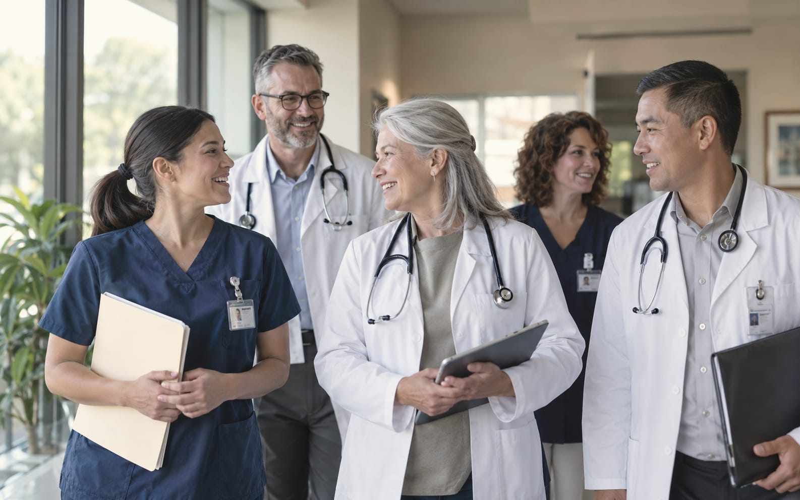 Five clinicians in white coats and navy scrubs walk and talk together down a bright clinic hallway.