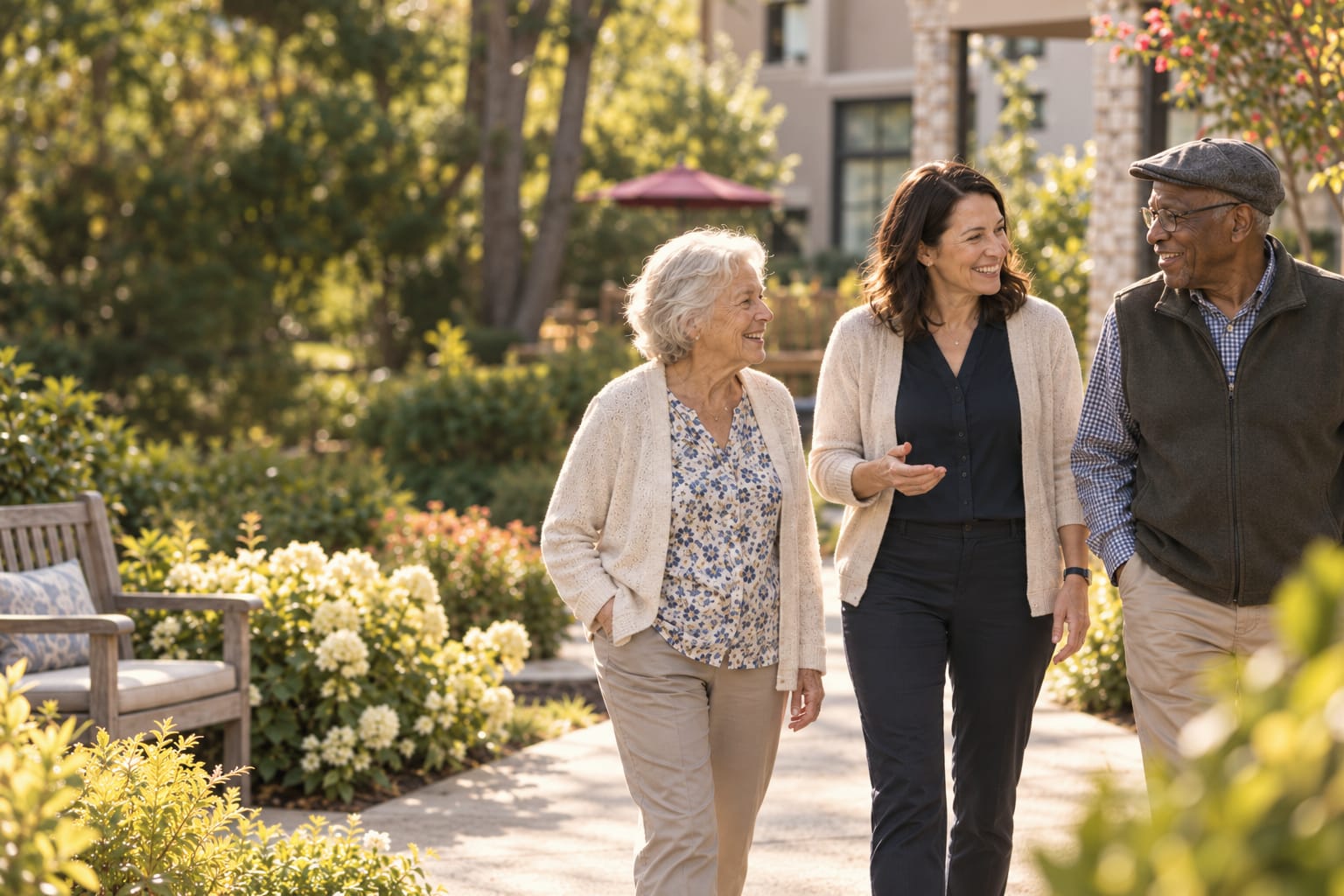 A Haven clinician walks a garden path between two residents, all three talking and smiling, a community building behind them.